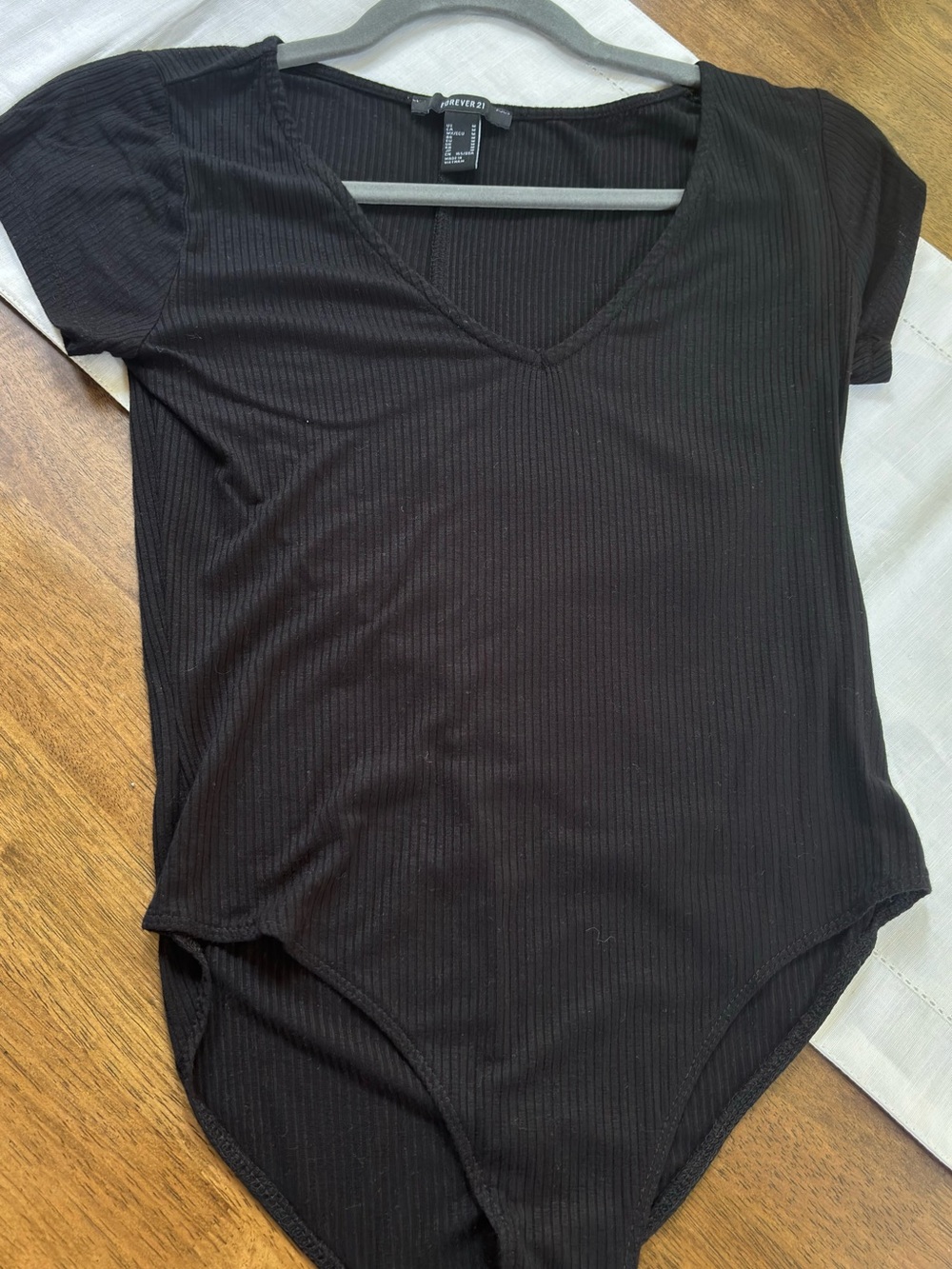 Forever 21 Black Ribbed V-Neck Short Sleeve Bodysuit